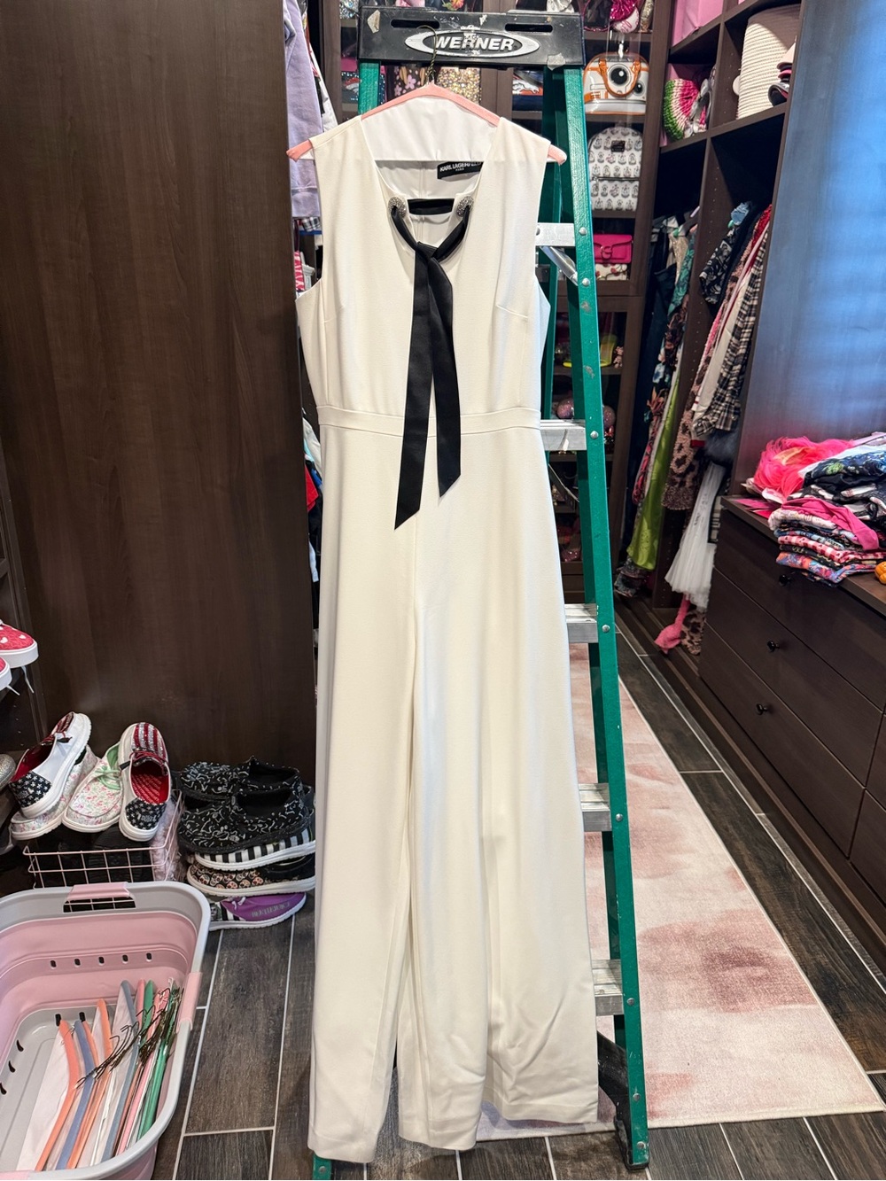 Karl Lagerfeld White Sleeveless Jumpsuit with Black Neck Tie